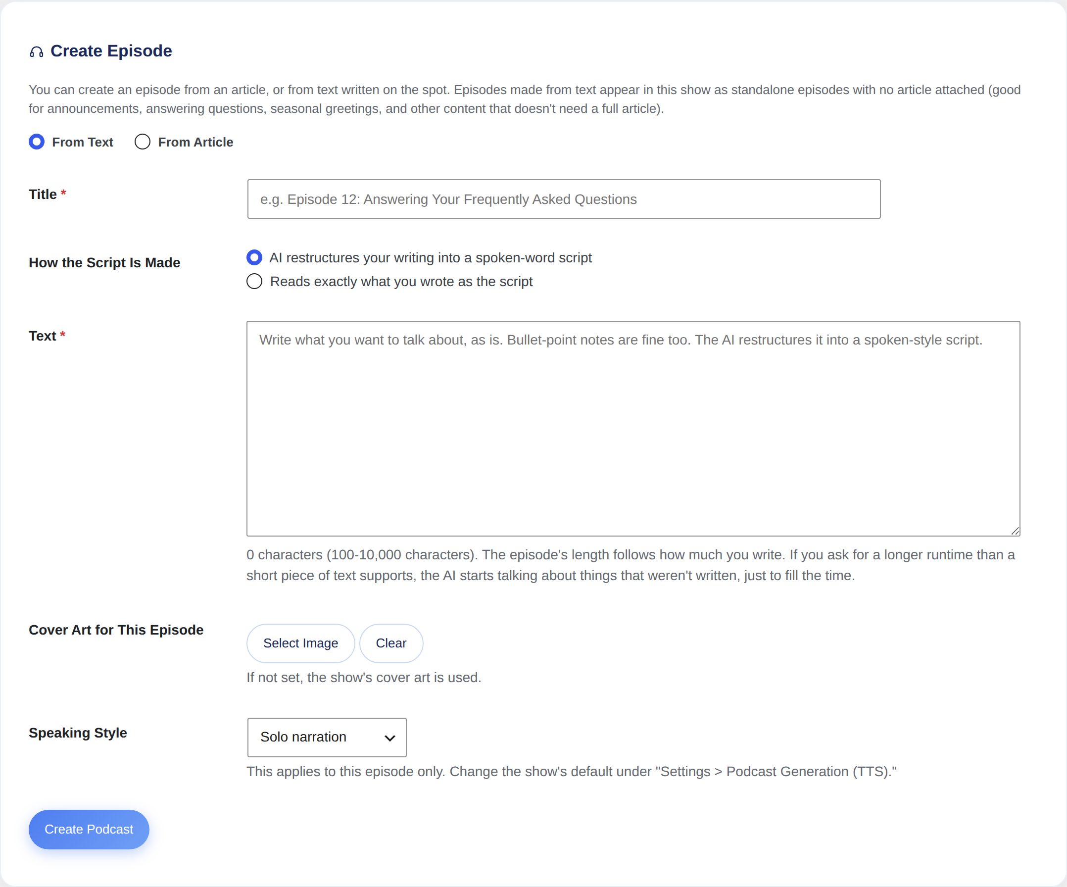 The "Create episode" screen in Podcast Distribution. Choose whether to build it from an article or from text you write on the spot.