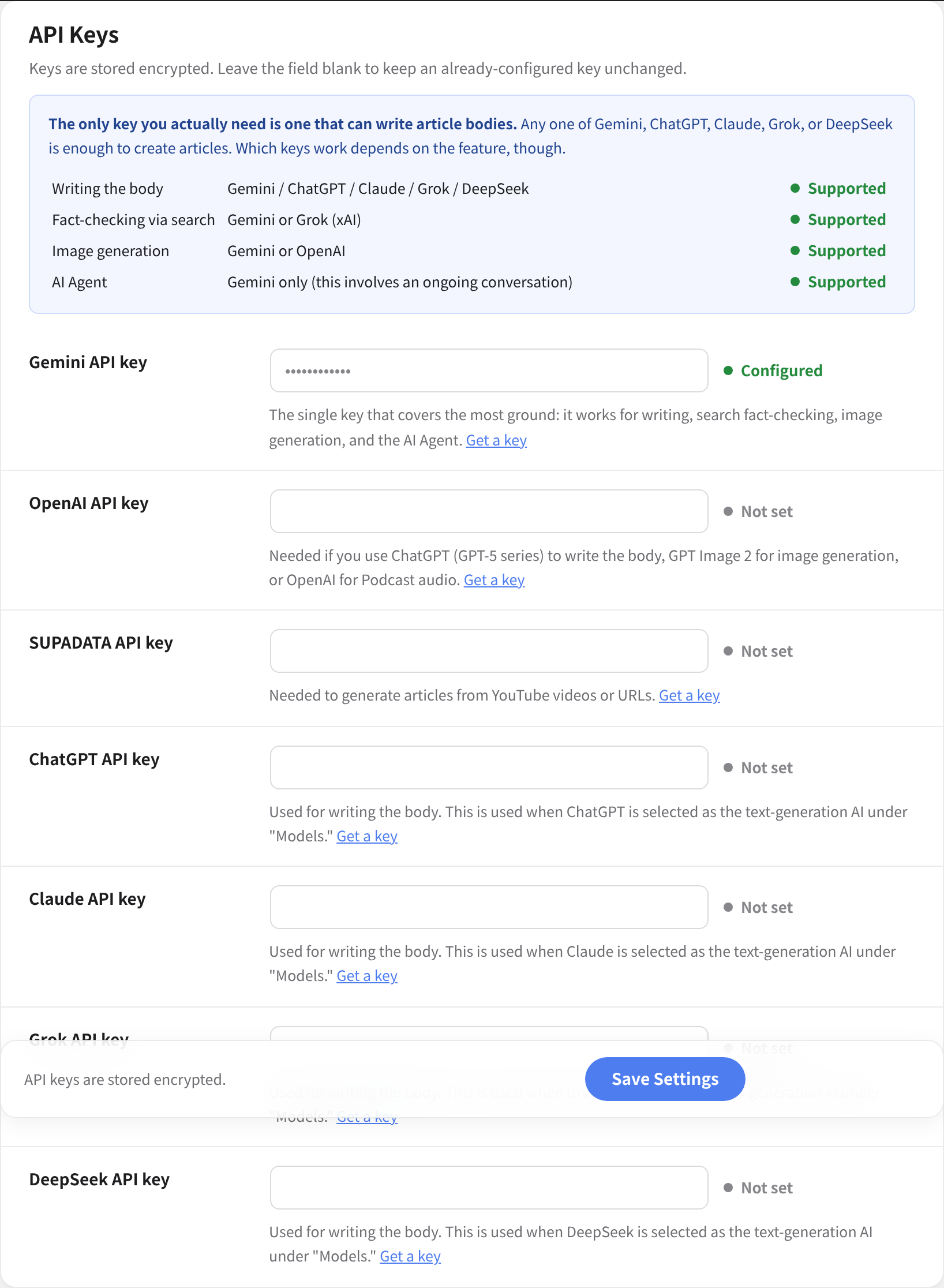 The API keys screen. The list at the top shows which ones are active right now.