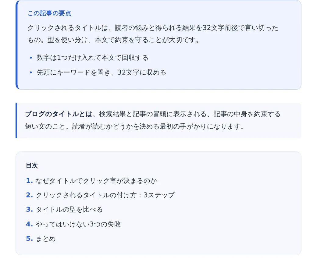 記事の頭に入る要点のボックス、用語の説明、目次