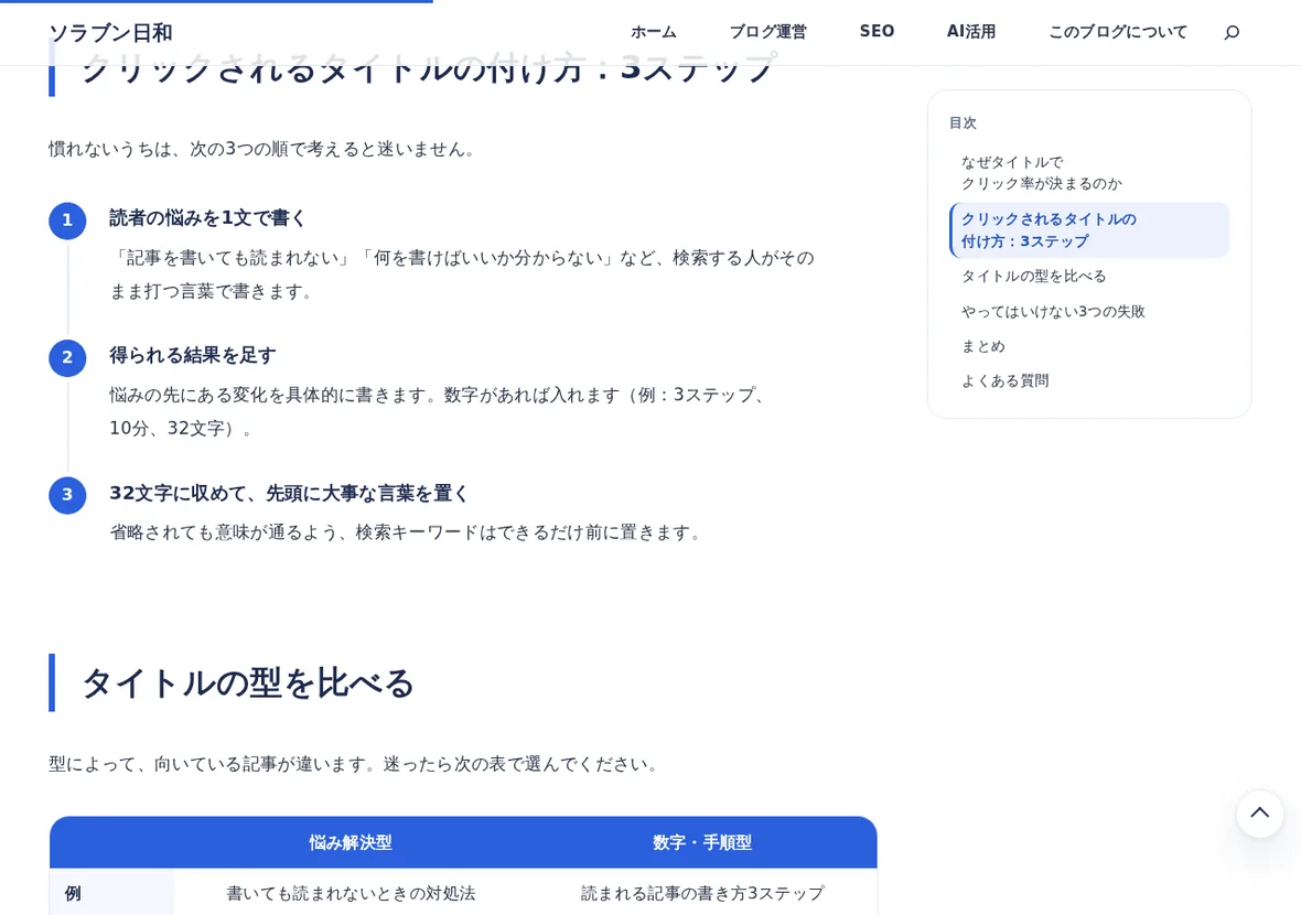サイドバーの目次が画面についてきて、いま読んでいる章が青くなっている記事のページ